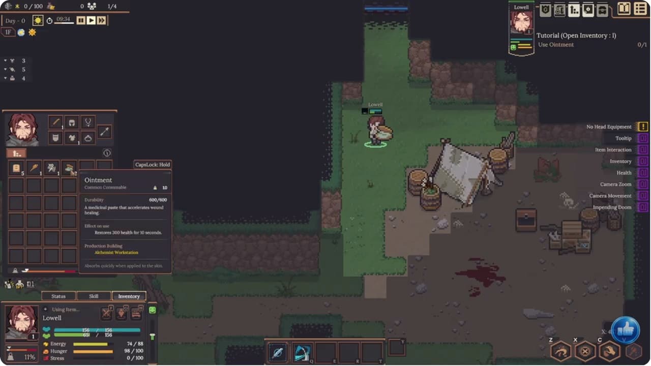 Dungeon Settlers Demo gameplay showing the ointment tooltip beside the open inventory